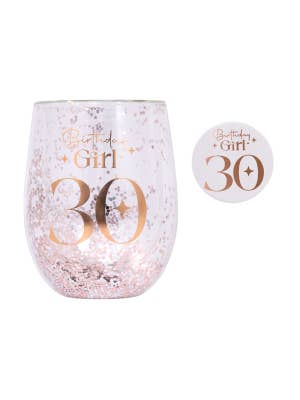 Celebration 30th Glitter Stemless Glass & Badge Set