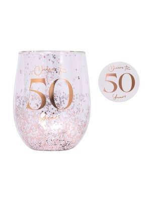 Celebration 50th Glitter Stemless Glass & Badge Set